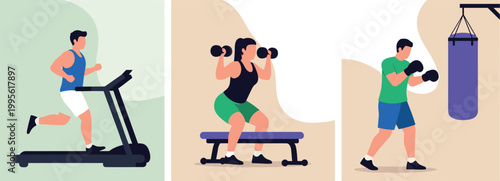 Fitness and Gym Exercise Icons Featuring Running, Weightlifting, and Boxing for Workout, Health, and Training Illustrations