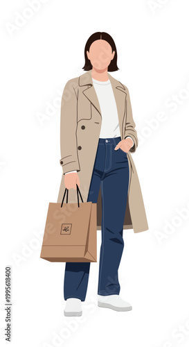 Woman in Trench Coat Shopping Bag Casual Style Flat Design Isolated