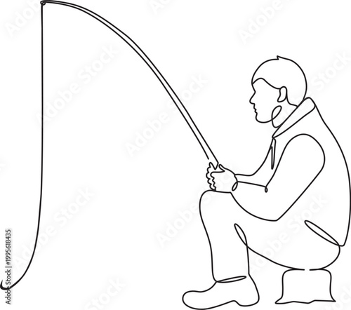 Fisherman squatting with fishing rod continuous one-line art. 