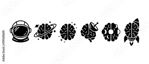 Brain and Space Icons Set, Human Mind Thinking and Cosmos Exploration Symbols, Vector Illustration of Creative Intelligence, Astronaut Helmet, Rocket and Satellite Dish Concepts for Science Education