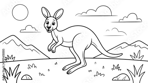 Kangaroo standing in a grassy landscape with mountains and clouds sunny day cartoon coloring page, kangaroo