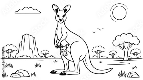 Mother kangaroo with joey in pouch desert landscape illustration black and white line art coloring book