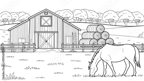 Horse grazing in a field with a large barn and stacked hay bales in the background building agriculture