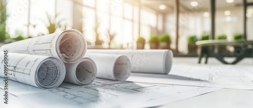 Rolled architectural blueprints and technical drawings on white desk in modern office. Engineering planning, construction project and real estate development concept.