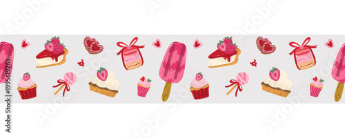 Strawberry dessert border with sweets, lollipop and ice cream