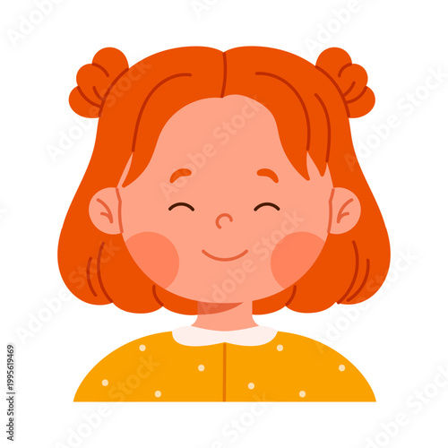 Cute calm smiling redhead girl character with closed eyes. Peaceful and content facial expression. Kid apps and emotions education concept. Isolated vector illustration