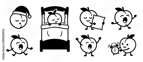 Cute Peach Character Sleep Routine Set, Bedtime Activities Icons and Daily Life Vector Clipart Collection, Funny Fruit Mascot Illustrations Sleeping, Yawning, Waking Up with Alarm Clock in Black and W