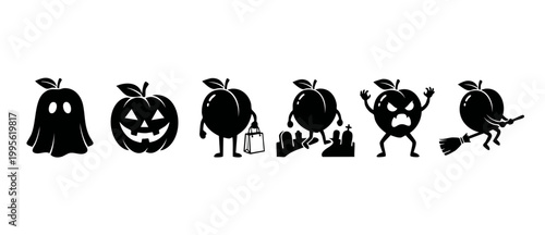 Peach Halloween character icons set, cute black fruit silhouettes with spooky costume accessories, pumpkin ghost witch broom graveyard and trick or treat themes for holiday seasonal autumn graphic des