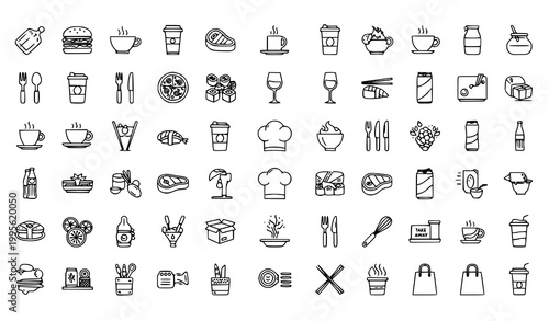 Food and cafe icon vector set with restaurant menu symbols thin line outline design