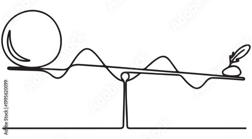 Continuous line drawing of a seesaw balancing a heavy sphere and a light feather isolated on white background