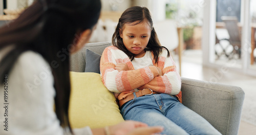 Foto Discipline, upset and mom with child on sofa for behavior, trouble and consequences for bad attitude