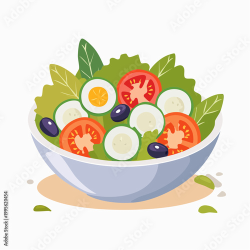 Fresh Salad in a Bowl with Tomatoes, Cucumbers, Olives, and Egg
