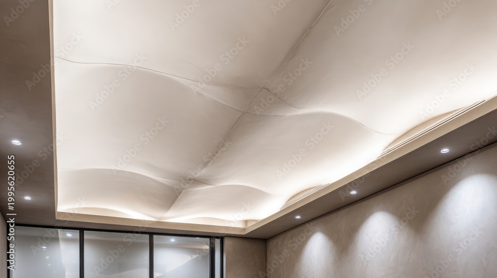 © Liew - Modern off-white stretched fabric ceiling with undulating waves and integrated warm ambient lighting