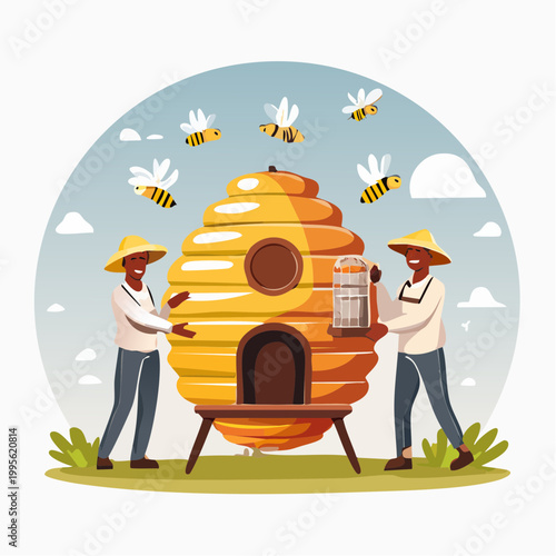 Beekeepers tending to a large beehive with flying bees