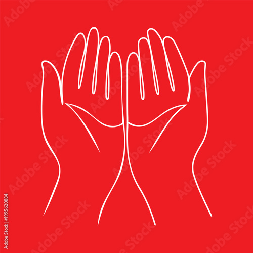Minimalist White Line Art Illustration of Cupped Prayer Hands on Red Background