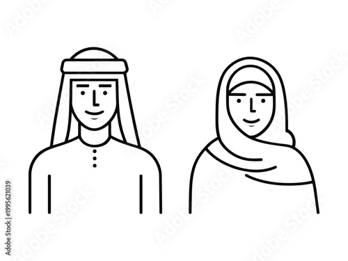 Black outline vector illustration set of a muslim couple on white background