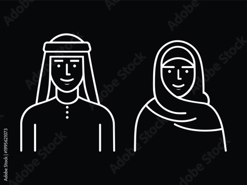 Muslim man and woman in hijab and niqab islamic clothing avatar outline vector icon set