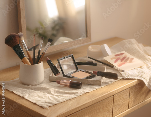 Personal grooming moment with makeup tools on a wooden dresser in a serene room setting from a calm viewpoint