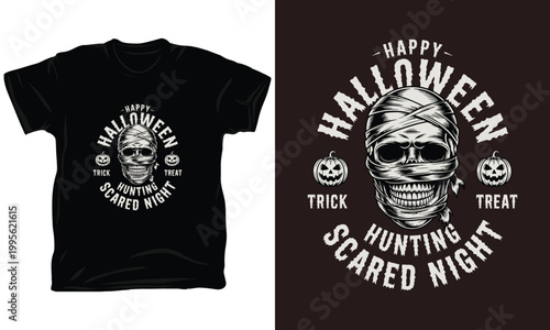 Scared night halloween design with mummy skull for black shirt printing.