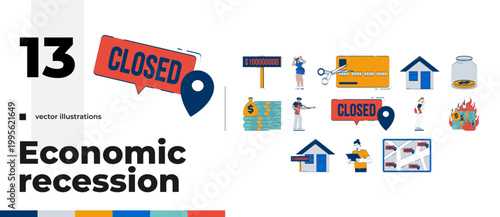 Economic recession and business closure cartoon flat illustrations bundle. Closed sign. Financial loss. Overpriced house. Inflation 2D images isolated on white. Collection vector drawings colorful