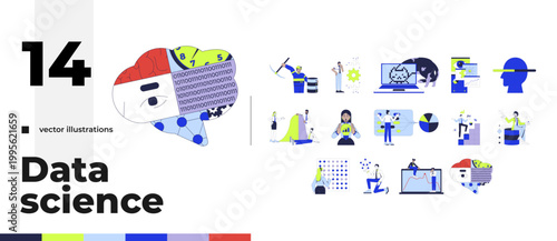 Artificial intelligence and data science cartoon flat illustrations bundle. Machine learning. Math algorithm. Coding analytics 2D images isolated on white. Collection vector drawings colorful