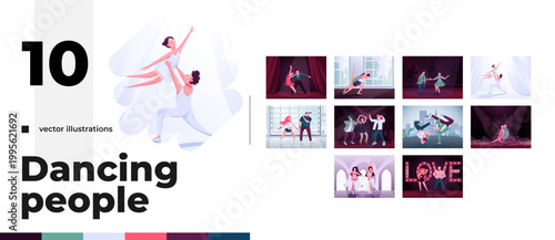 Dance performance and street dancers cartoon flat illustrations bundle. Choreography performers. Faceless couples in dynamic poses 2D images isolated on white. Collection vector drawings colorful