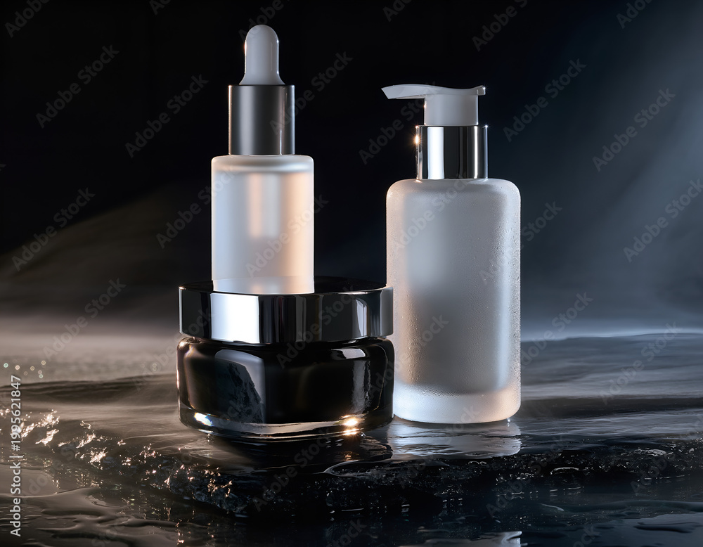 Naklejka premium Skincare products on dark surface with dramatic lighting and luxurious environment viewed from above