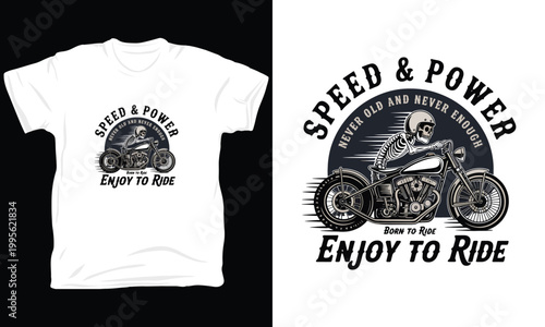 Skeleton rider on vintage motorcycle graphic print for fashion t shirts.