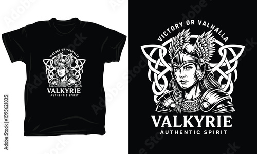 Valkyrie illustration with ornate knotwork design on black t shirt print.