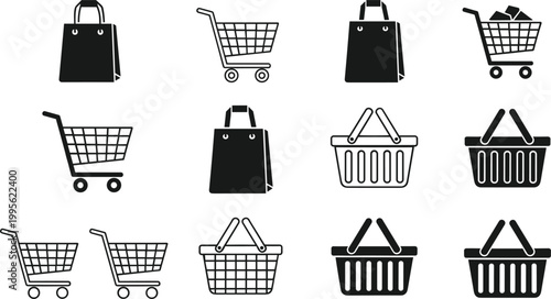 Shopping and E-commerce Icon Set featuring Retail Shopping Carts, Paper Bags, Market Baskets, Online Store Checkout Symbols, Commercial Transaction Graphics, and Consumer Purchasing Elements