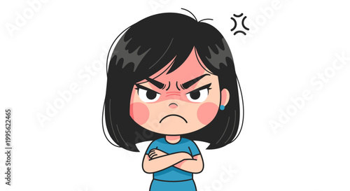Angry cartoon girl with crossed arms and red face, illustration, isolated on white background, with copy space