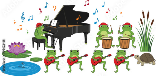 Cute frog band musical vector illustration featuring frogs playing piano guitar and drums in a pond setting for children music and storybook design.