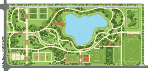 Park Landscape Map Illustration Featuring Lake, Sports Fields, Walking Trails, Garden Zone, and Outdoor Recreational Spaces