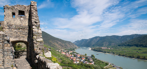 Panoramic view of Spitz an der Donau and the Danube river from the medieval Ruine Hinterhaus in the Wachau Valley, Austria