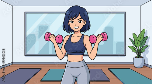 Smiling young woman exercising with dumbbells in a vibrant fitness studio. Dynamic vector illustration for health and workout