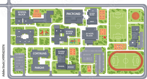 School Campus Map Layout with Buildings, Sports Fields, Playground, Parking Lot, and Outdoor Spaces for Educational and Campus Planning