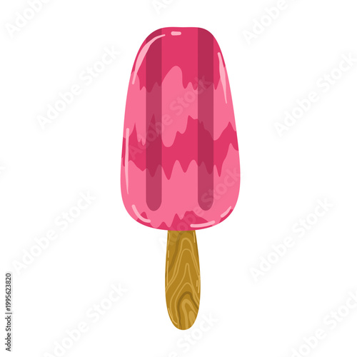 Bright strawberry ice cream bar with glossy glaze and a wooden stick, illustrated in a clean and playful style.
