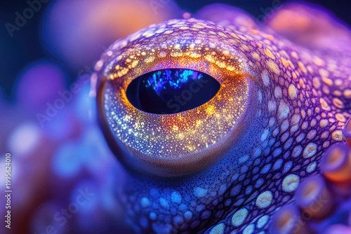 Close-Up of Octopus Eye Illuminated by UV Light