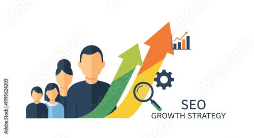 Team members and rising arrows represent business growth and seo strategy