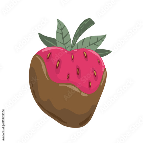 Juicy strawberry partially dipped in smooth chocolate with fresh green leaves on top.