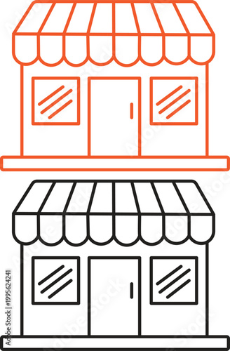 Simple cartoon drawing of a two story shopfront with awnings