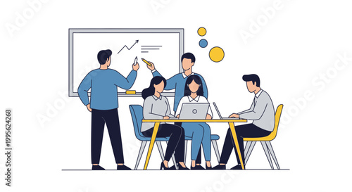 Team members collaborate at table near whiteboard discussing data analysis