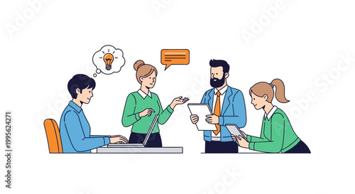 Team members collaborate on business ideas using technology with light bulb thought