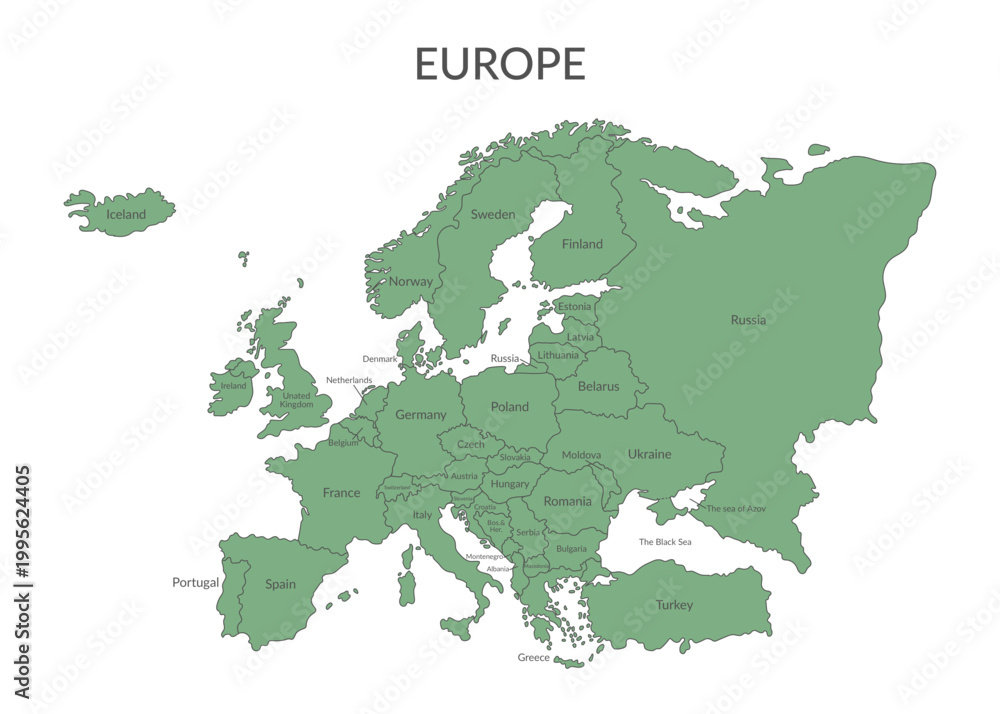 Fototapeta premium Detailed green political map of the European countries and nearby regions isolated on white16. Vector flat background.