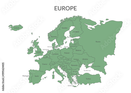 Detailed green political map of the European countries and nearby regions isolated on white16. Vector flat background.
