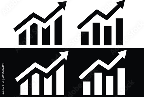Black and white graph icons representing growth and data analysis