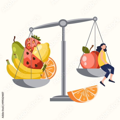 Healthy balance vector illustration: woman and fruits on scales.Perfect for nutrition articles, fitness blogs, and medical materials.
