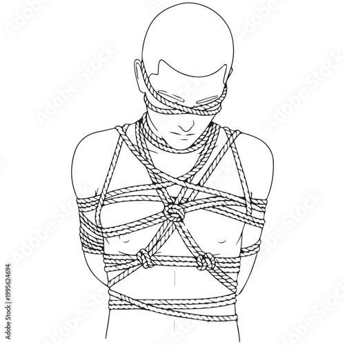 Stylized Line Art of Person Bound with Rope, Blindfolded