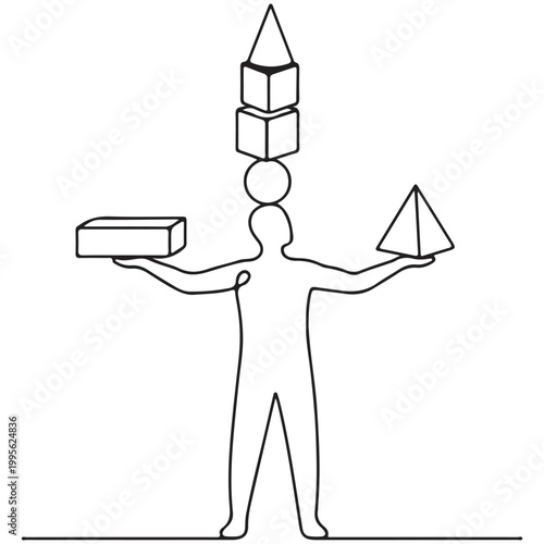 Continuous Line Art: Person Balancing Diverse Geometric Shapes