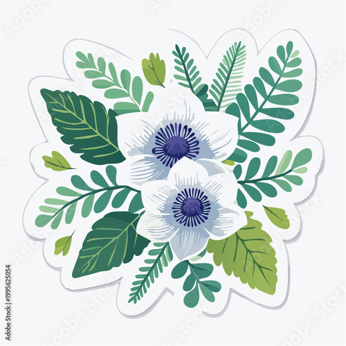 White Anemone Flowers with Green Leaves Illustration